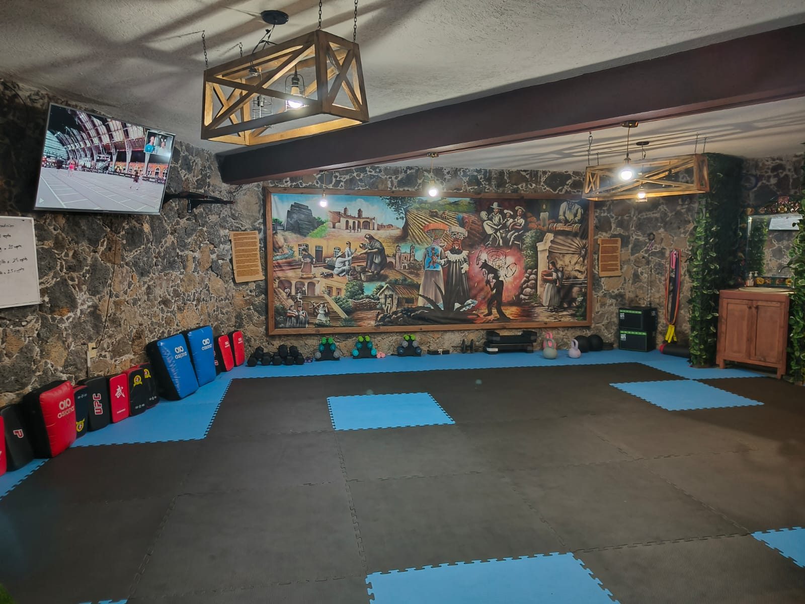 Tatami de El Origen con costales, pesas y mural